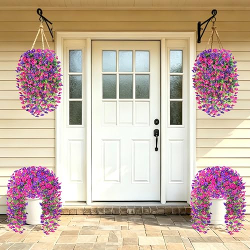 Artificial Hanging Flowers for Outdoors, 6 PCS Silk Morning Glory Artificial Flowers with Eucalyptus Leaves, UV Resistant Fake Flower Realistic Faux Plants for Home Patio Porch Garden, Purple+Fuchsia - color: Purple+fuchsia