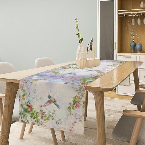 Hummingbird Floral Table Runner,Spring Vintage Flower Plant Print Table Runner for Holiday Kitchen Living Room Home Party Decor 13x36 Inch - color: Hummingbird-5, size: 13x36in