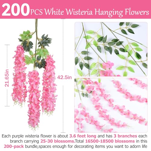 200Pcs Wisteria Hanging Flowers,3.6 Feet/Piece Pink Hanging Flowers Fake Wisteria Flowers Silk Artificial Garland for Decoration Wedding Party Arch Ceremony Garden Home Backdrop Decor - color: Pink, size: 200