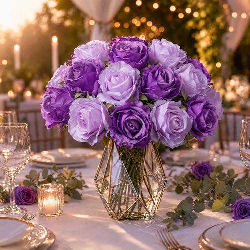 Ivydale 18pcs Violet Purple Roses Artificial Flowers, Fake Roses Silk Flowers with Stems Realistic Bouquet for Mother's Day Wedding Party Home Decoration DIY Centerpiece Floral Romantic Gifts - color: Rose-mixpurple