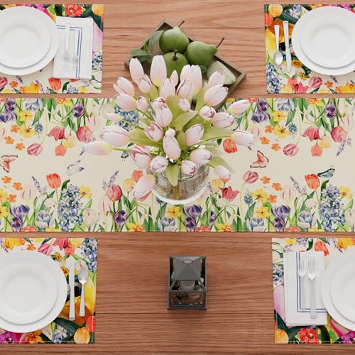 XCHI Tulips Gnomes Flowers Spring Table Runner Summer Table Decoration for Party Home Kitchen Dining Holiday Decor 13x48 Inch - size: 13x48 Inch