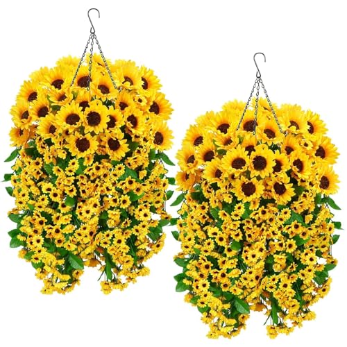 Zythrem 2 Set Artificial Flower Hanging Baskets Fake Sunflower Baskets Outdoor UV Resistant Fake Hanging Plants Baskets for Front Porch Patio Garden Yard Home Spring Summer (Yellow) - size: 27in
