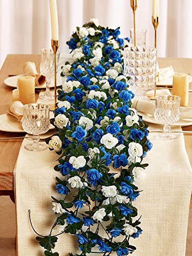 PARTY JOY 8pcs 65.6Ft Flower Garland, Fake Rose Vine Artificial Flowers Hanging Rose Ivy Garland for Room Wall Decor Hanging Baskets Wedding Arch Garden Background Decor - color: 8pc-blue-white, size: 8PC