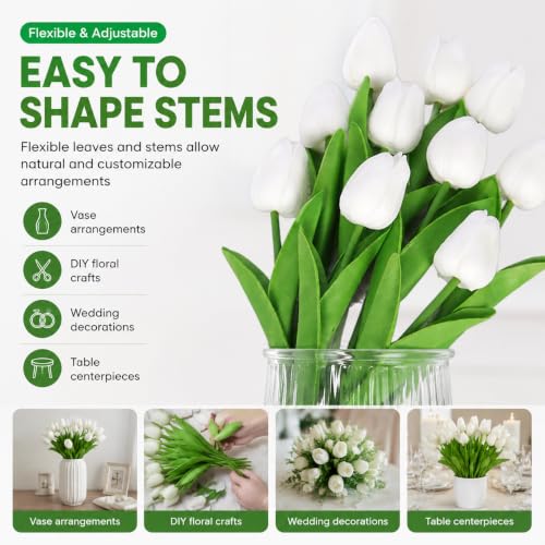 10 Pack Tulips Artificial Flowers PU Faux Flowers Fake Tulips for Home Kitchen Wedding Dining Table Decorations Mother's Day Easter Valentine's Day Decor (White) - color: White