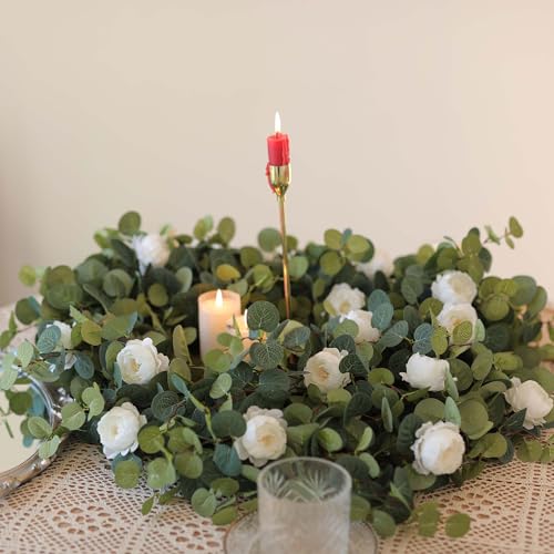 MISSPIN 2pcs Artificial Flowers Garland Spring Eucalyptus Garland Vintage Fake Flower Peony Rose Vine Greenery Decorative Wall Hanging Plant for Wedding Arch Door Arrangement Party Decor (White,2pcs) - color: White,2pcs