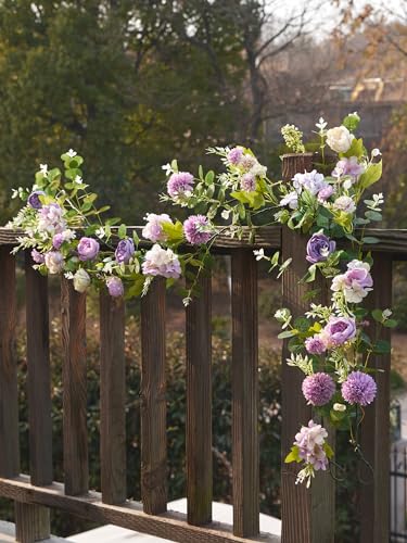 MISSPIN 5.9Ft Eucalyptus Garland with Flowers, Artificial Fake Flower Greenery Spring Garland for Baby Shower Wedding Mantle Table Centerpiece Spring Decor - color: Purple