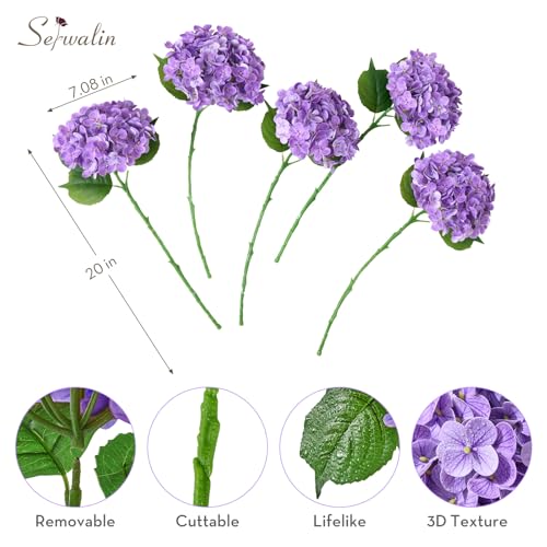 Serwalin 5PCS Real Touch Hydrangea Artificial Flowers with Long Stems,20in Purple Latex Large Lifelike Faux Hydrangea Flowers for Family Table Office Wedding Party Arrangements Decor - color: Purple, size: 5PCS