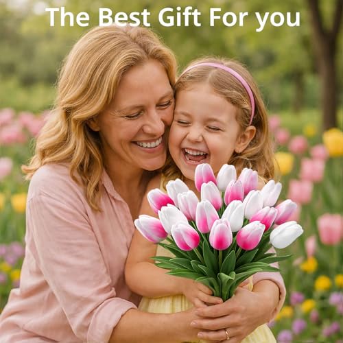 20 Pcs Tulips Artificial Flowers, 13.5'' Real Touch PU Fake Flowers Bouquet for Home Party, Spring Wedding Floral Arrangement, Valentine's, Easter and Mother's Day Decor (White,Rose Red) - color: White,rose Red