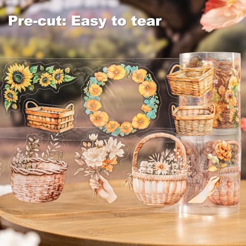 Flower Basket PET Tape Set, 6 Rolls Pre-Cut Vintage Floral Scrapbook Supplies for Journaling, DIY Crafts, and Planners,with Clip - color: Bloom Harvest