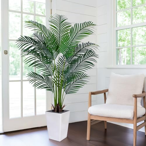 Artificial Palm Tree with White Tall Planter, 5ft Tall Potted Artificial Silk Palm Tree Plant, Fake Tropical Plant, Home Office Floor Room Decor Plants Indoor Outdoor, Housewarming Gift - size: 5ft