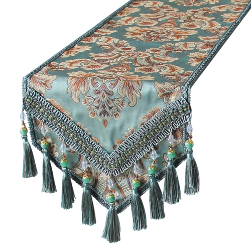kilofly Elegant Floral Brocade Jacquard Table Runner Tassels (96 x 12 inches) - color: Blue, size: 96*12 inch