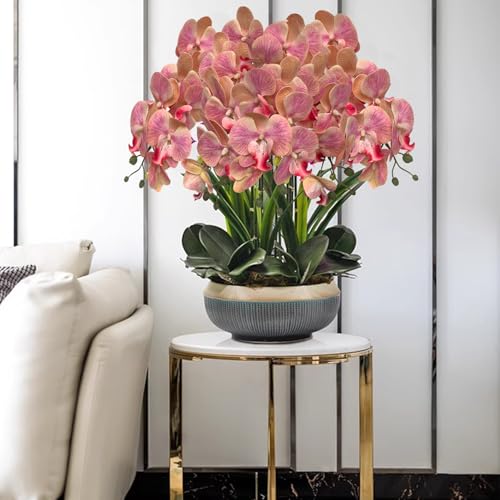 HinyoCo 5 Pcs Artificial Orchid Flowers and 4 Bundles Leaves, Artificial Phalaenopsis Flowers 32 Inch Stem Plants for Home Wedding Decoration (Pink) - color: Pink