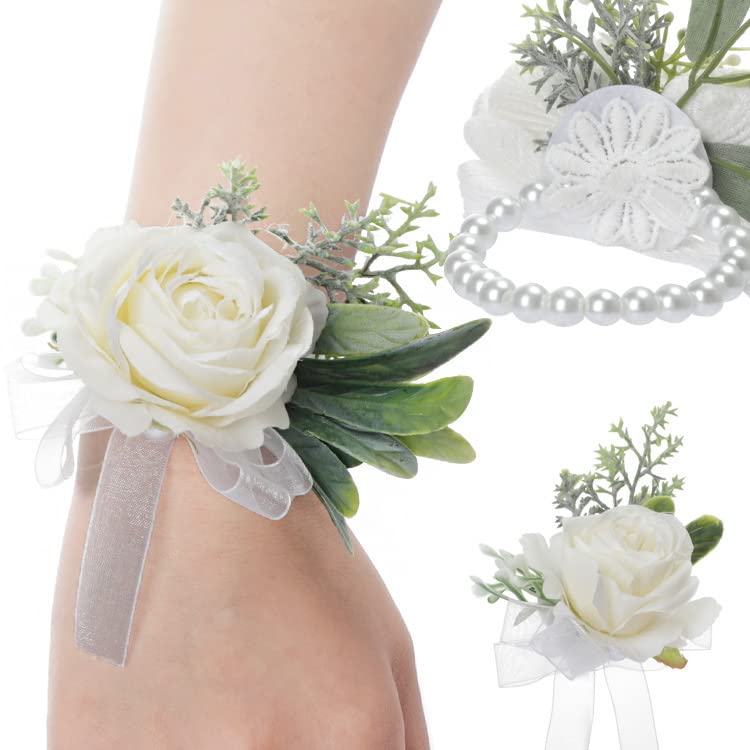 Rikyo Rose Wrist Corsage Wristlet Band Bracelet and Men Boutonniere Set, 2 Pack, Corsage for Prom, Bride Hand Flower, Wedding Flowers Ceremony Party Prom Decor, Handmade Petals Hair Hat Wreath (White) - color: White
