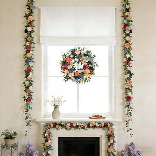 70 Inch Spring Garland - Farmhouse Boho Faux Flower Garland with Roses, Dahlias & Greenery, Hanging Wreath for Wedding Arch, Home Decor, Party Backdrop Spring Front Door Fireplace Table Decor - color: Garland