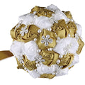 Handmade Wedding Flowers Bridal Bouquets Crystal Bride Holding Bouquet White Ivory Satin Roses with Diamond Pearl Ribbon.(Gold) - color: Lightgold