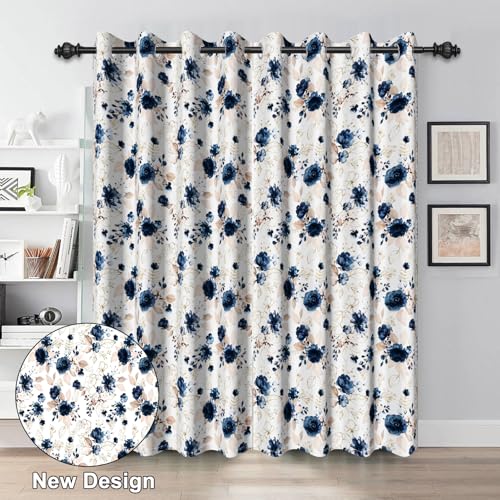 Renaiss Blue and White Floral Blackout Curtains Gold Line Rose Flowers Thermal Insulated Window Drapes for Bedroom 29W x 45L inches 2 Panel Set Window Curtain Panels for Kitchen - color: Blue, size: 29"W x 45"L (Pack of 2)