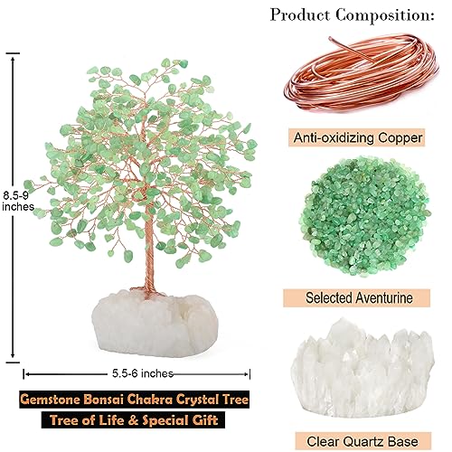 Crystal Tree of Life,Natural Green Aventurine (406 Gemstone Count) Clear Quartz Cluster Base,Chakra Positive Energy FengshuiGood Luck Home Decor,Gift Size 8.5-9 Inches - color: Aventurine Tree With Quartz Base