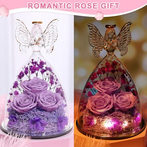 Mothers Day Mom Gifts for Women Preserved Flowers in Glass Angel Forever Flowers Gifts Eternal Roses Gifts for Grandma, Light Purple - color: Light Purple