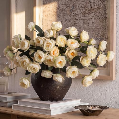 6 Pcs 32" Large Beige Artificial Peonies Stems Flowers, Real Look Faux Silk Peony Bouquet 42 Heads Total for Vase Filler, Farmhouse Rustic Neutral Home Decor, Wedding Centerpieces - color: Beige