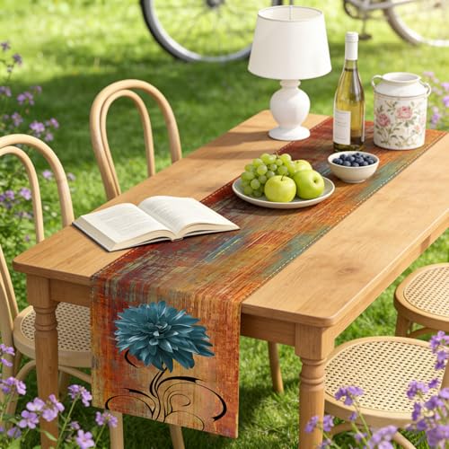 OYIMUA Soft Thick Chenille Rust and Blue Table Runner 90 Inches Long Vintage Abstract Painting Flowers Spring Summer Rustic Dining Table Decorations for Home Indoor Outdoor - size: 13" x 90", Table Runner, style: Rust