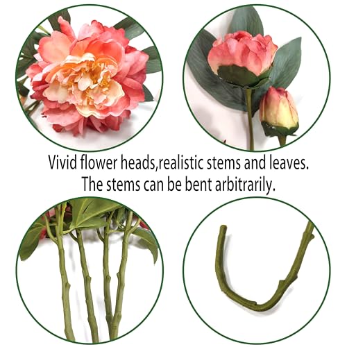 Coral Pink Peonies Artificial Flowers,4 Pcs Fake Silk Peonies with Stems Real Look,Peony Bush for Home Decor (4, Coral Pink) - color: Coral Pink