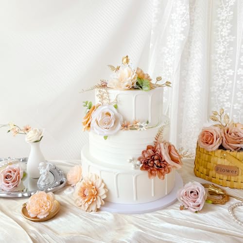 Terracotta Artificial Flowers Combo Box Bulk Nude Cream Silk Roses Dahlia with Freely Combined Stems Bridal Wedding Bouquets Cake Flower Beige Gold Boho Floral Arrangements Baby Shower Party Decor - color: Nude, Beige, Terracotta