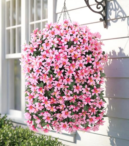 Hoppwodd Artificial Flower for Outdoors 4pcs Fake Lily Hanging Flower Baskets for Outside UV Resistant Silk Faux Long Trailing Vines for Garden Porch Patio, Pink - color: Pink