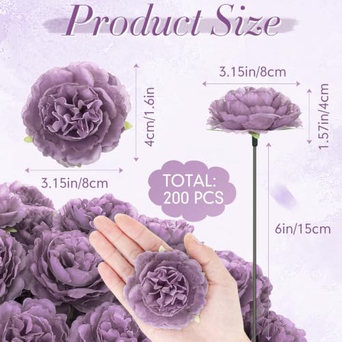 Thiccywoov 200 Pcs Flowers Long Stem Artificial Rose Bulk, 3.2 Inches Silk Rose Head Flowers Faux for Wedding Bridal Bouquet Independence Day Home Floral DIY Centerpieces Party Decoration (Purple) - color: Purple