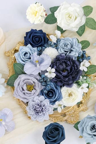 LELEE Fake Flowers Artificial Flowers Peonies Bulbous Chrysanthemum Daisy Hydrangea Sunflower Violets Dahlia Daffodils Epiphyllum Orchid Cherry Blossom Camellia Leyaron (Dusty Blue) - color: Navy Blue& Grey