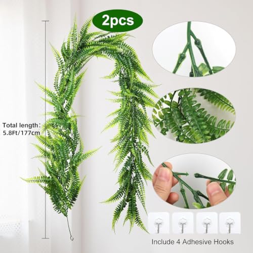 RECUTMS 2Pcs 5.8Ft Artificial Boston Ferns Garland Fake Hanging Plant Greenery Leaves Ivy Garland Faux Ferns Vines for Spring Sunmmer Outdoor Indoor Home Garden Wedding Graduation Party Wall Decor - color: Green-fern2pcs