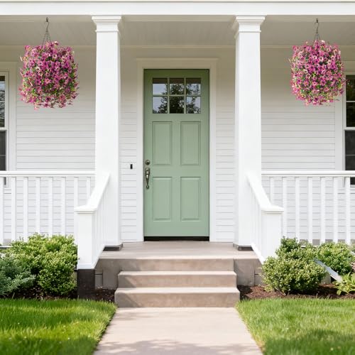 Artificial Hanging Baskets Outdoor, 4 Bundles Artificial Hanging Flowers Outdoors Spring Summer Decoration, No Fade Realistic Fake Hanging Baskets for Porch Patio Balcony Home Yard Decor - color: Purple Red Gradient Red