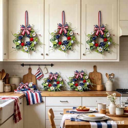 6 Pcs Mini 4th of July Hanging Wreaths for Cabinets with Navy Blue Rose and White Daisy Flowers Artificial Small Independence Day Candle Holder Wreath with Red Stripes for Front Door Window Porch Wall - color: Patriotic-2