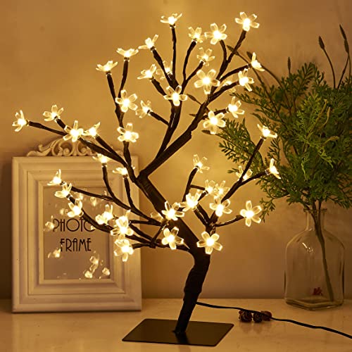PEIDUO 17.5 Inch Lighted Cherry Blossom Tree, 48 Warm White Lights Plug in Adapter, Light up Bonsai Tree for Christmas Indoor Home Bedroom Living Room, Tabletop Decor Night Light Artificial Tree - style: Cherry Blossom Tree