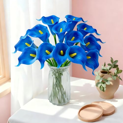 Blue Calla Lily 4Pcs Artificial Flowers Bouquet for Wedding Bride Shower Blessing Gift Home Decoration Faux Calla Lilies Flower - color: Blue