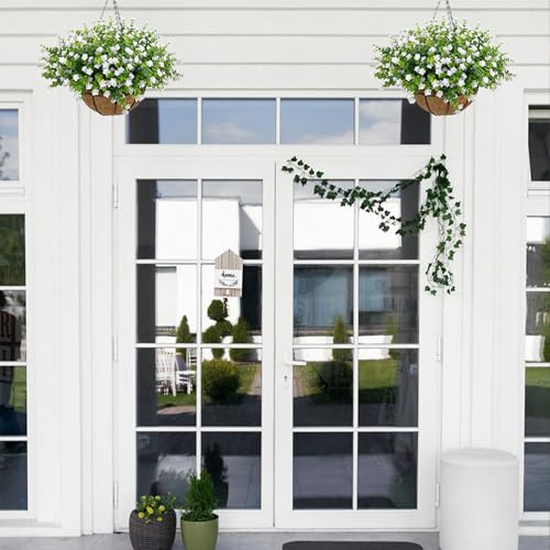NETAP Artificial Hanging Flowers Basket for Outdoor, 16 Fake Flowers Look Real UV Resistant, Faux Hanging Plants for Porch, Balcony, Patio, Garden, Spring Summer Decor,White - color: White