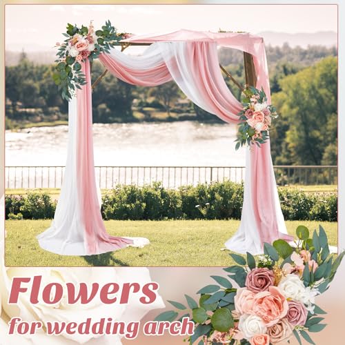 Thiccywoov 4 Pcs Wedding Arch Flowers and Drape Kit Include 2 Artificial Floral Swag and 2 Chiffon Drapes, Faux Flower Set for DIY Wedding Party Reception Ceremony Backdrop Rose Decoration (Pink) - color: Pink