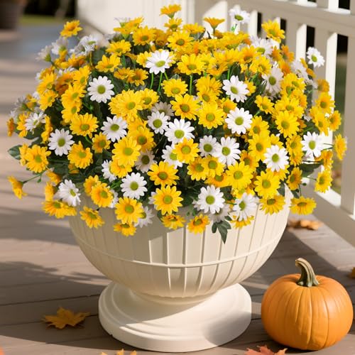 Ammyoo Fake Mums Artificial Flowers for Outdoor Decoration, 6 Bundles Faux Silk Daisy Flowers Realistic UV Resistant No Fade Fake Plants for Home Patio Porch Garden Window Box Decor(Yellow White) - color: Yellow White