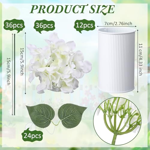 Zeyune White 12 Sets Wedding Flower Table Centerpieces Artificial Hydrangeas with Rustic Metal Vase Fake Hydrangea Flowers in Pot Floral Arrangement for Wedding Bridal Tea Party Table Home Decor - color: White