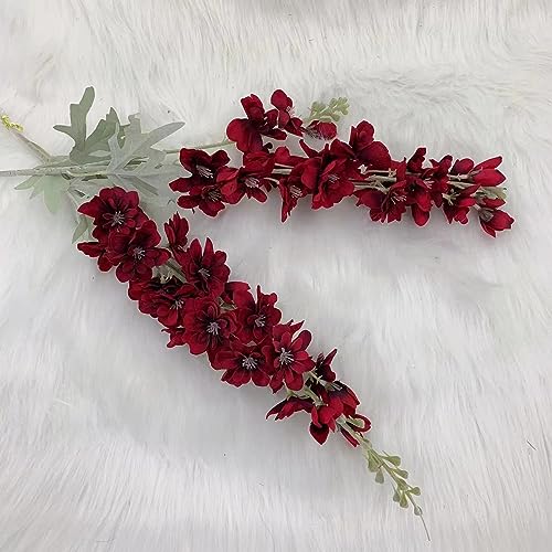 FERIAL 4pcs Artificial Delphinium Flowers Burgundy Silk Flowers Bulk Silk Flowers for Home Garden Wedding Arrangement Table Vase Decor(Burgundy) - color: Red