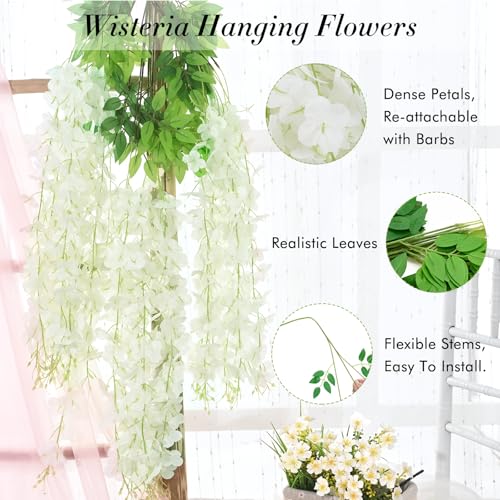 Waipfaru 40 Pack White Wisteria Hanging Flowers, Fake Flowers for Decoration, Artificial Hanging Flowers, Vines for Bedroom, Flower Garland for Home, Party, Wall, Wedding Decoration(3.6 Ft/Pcs) - color: White, size: 40 Pcs