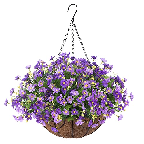 Ammyoo Artificial Hanging Flowers in Basket for Patio Garden Porch Deck Spring Summer Decoration, Artificial Daisy Arrangement,Fake Plants in 12 inch Coconut Lining Basket for Outdoor/Indoor(Purple) - color: Purple