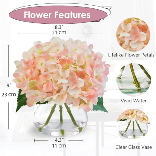 Hydrangea Artificial Flowers in Glass Vase, Powder Silk Fake Flowers Silk Centerpiece Table Decorations for Dining Room， Coffee Table Decor，Wedding, Home with Faux Water Decor（Pink） - color: Pink