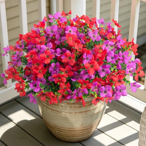 Artificial Faux Plants Flowers Outdoor Spring Summer Decoration, 12 Bundles Fake Silk Colorful Daisy Eucalyptus Realistic UV Resistant for Outside Home Planter Porch Patio Yard Decor (Red Purple) - color: Red & Purple B