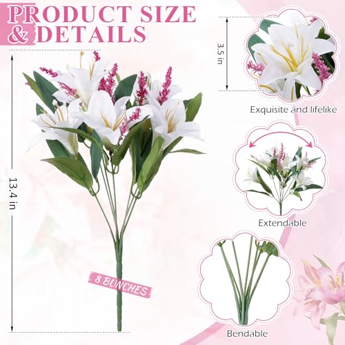 Giegxin 8 Pcs Artificial Tiger Lily Bouquets, Silk Faux Easter Lilies with 7 Heads, Realistic Spring Flowers for Wedding Centerpieces, Home Vase Decor, Party & Event Arrangements (White Purple) - color: White Purple