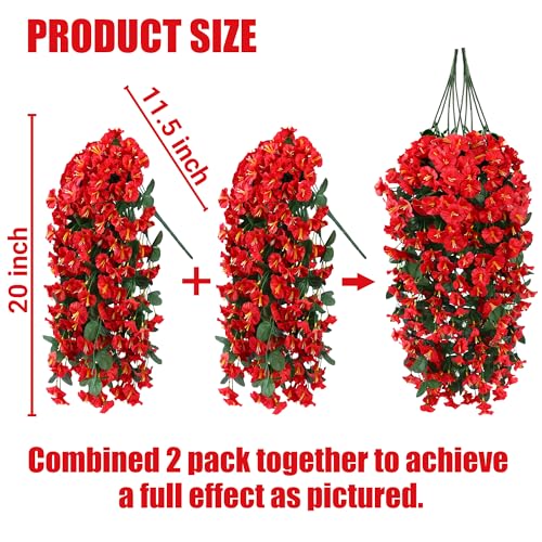 Sggvecsy Artificial Fake Hanging Flowers Plants for Outdoor Outside Spring Summer Decoration 4PCS Faux Silk UV Resistant Realistic Morning Glory Trailing Vines for Home Porch Patio Balcony(Red) - color: Red, size: 4Pcs
