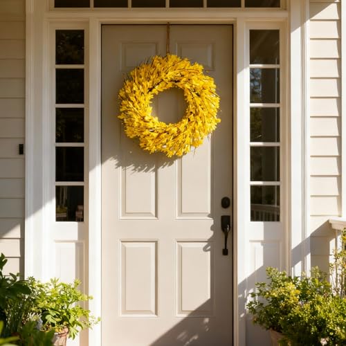 22inch Artificial Forsythia Flower Wreaths Spring Summer Fall Wreath Silk Leaves Wreath for Front Door Wreaths Porch Farmhouse Patio Garden Home Decor (Yellow) - color: Yellow