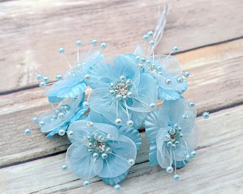 72PC Artificial Organza Flower Rhinestone Pick for Home Craft Decor DIY Wedding Bridal Veil Headband Dress Cake Topper Embellishment Scrapbook Favor Corsage Floral Bouquet Arrangement (Aqua) - color: Aqua