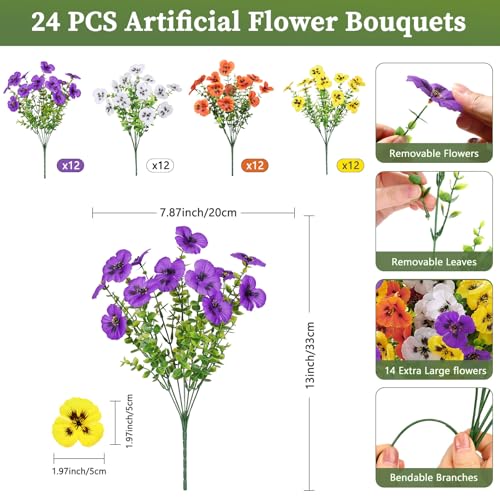 Alupssuc 24 Bundles Artificial Flowers for Outdoors, Fake Spring Flowers for Decoration, UV Resistant Realistic Pansies with Eucalyptus Silk Faux Flowers for Porch Yard, Purple Yellow White Orange - color: Purple, Yellow, White, Orange