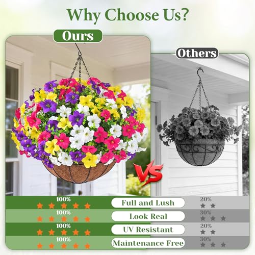 Realistic Artificial Hanging Flowers for Outdoors with Basket, 2 Set Large Size UV Resistant Artificial Outdoor Flowers, Full Faux Outdoor Flowers Fake Hanging Flowers for Porch, Front Door, Garden - color: Purple+yellow+white+red, size: 2 Set
