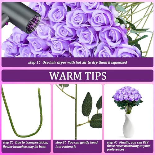 30pcs Fake Roses Artificial Silk Flowers Long Stems Bouquet for Wedding Bridal Shower Party Home Decoration (Purple) - color: Purple